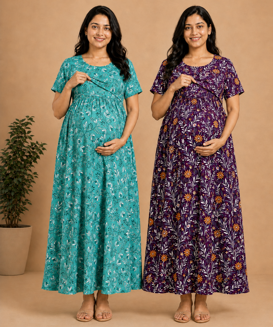 Maternity Feeding Maxi Dress | Nursing Friendly Nighty Style (Pack of 2 Pieces)