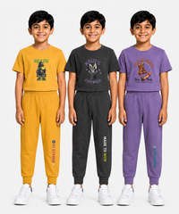Boys Graphic Printed T-Shirt & Typography Track Pant Co-Ord Set | Age 2-5 Years | Pack Of 3 Set