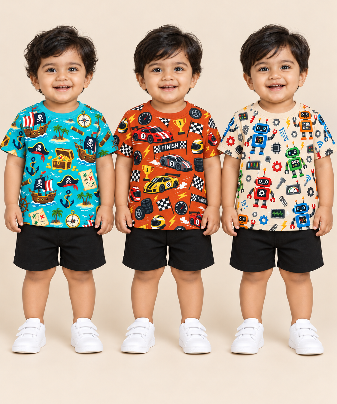 Baby Boys All Over Printed Cotton T-Shirt Multi Colour | Age 0 to 36 Months (Pack of 3 Pieces)