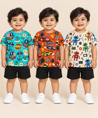 Baby Boys All Over Printed Cotton T-Shirt Multi Colour | Age 0 to 36 Months (Pack of 3 Pieces)