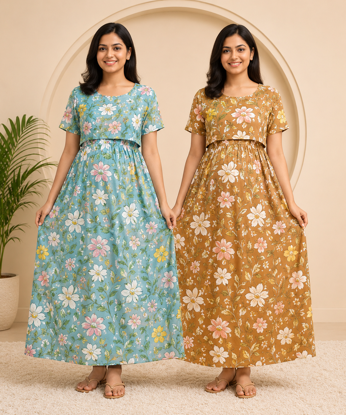 Maternity Feeding Maxi Dress | Nursing Friendly Nighty Style (Pack of 2 Pieces)
