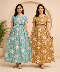 Maternity Feeding Maxi Dress | Nursing Friendly Nighty Style (Pack of 2 Pieces)