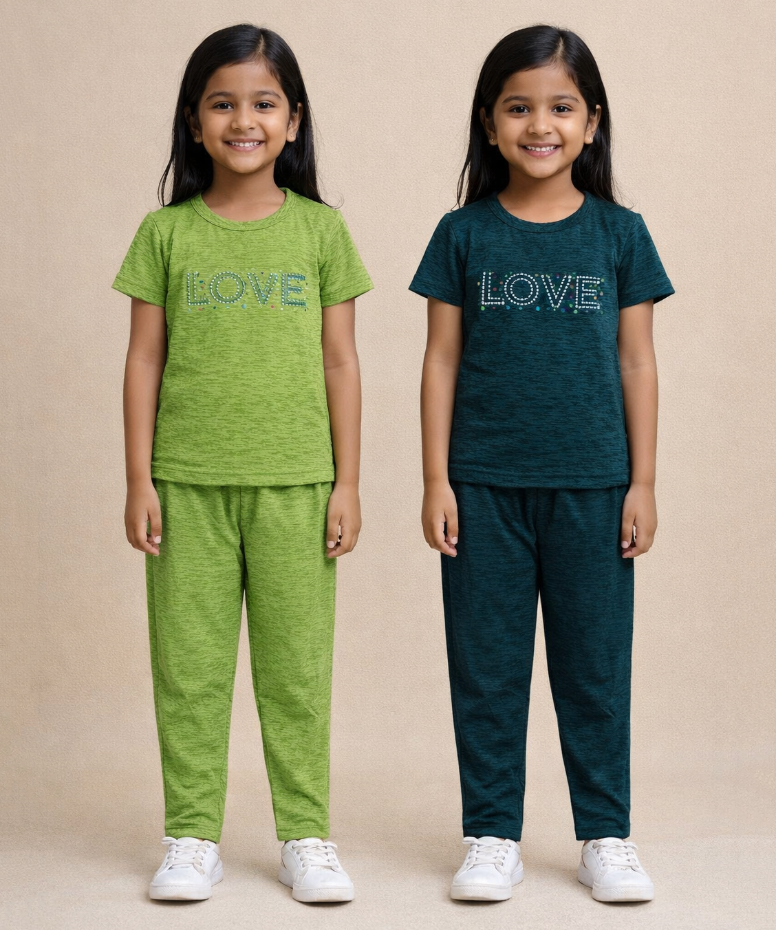 Girls Textured Polyester Co-ord Set | Half Sleeve Top & Pants | Pack of 2 Pieces