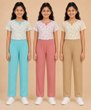 Girls Cotton Printed T-Shirt with Vertical Textured Lines Full-Length Pant Nightwear | Age 8 to 15 Years (Pack Of 3 Sets)