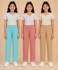 Girls Cotton Printed T-Shirt with Vertical Textured Lines Full-Length Pant Nightwear | Age 8 to 15 Years (Pack Of 3 Sets)