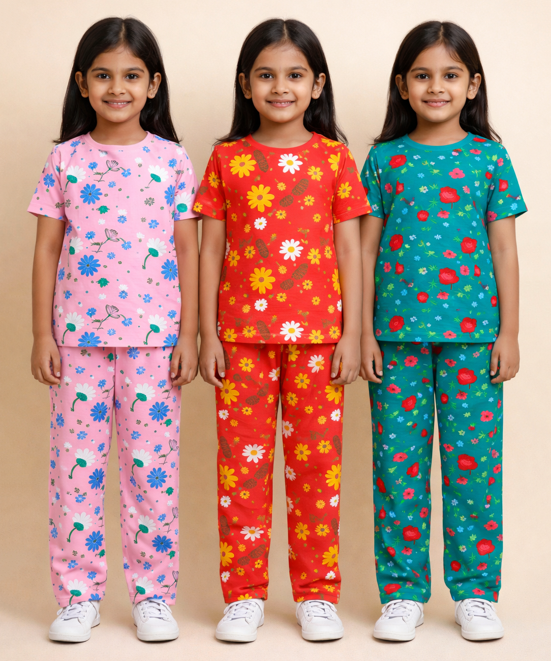 Girl Kids All Over Printed Co-ord Set | Tshirt and Pant | Age 2 to 10 Years (Pack of 3 Sets)