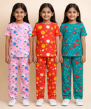 Girl Kids All Over Printed Co-ord Set | Tshirt and Pant | Age 2 to 10 Years (Pack of 3 Sets)