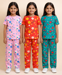 Girl Kids All Over Printed Co-ord Set | Tshirt and Pant | Age 2 to 10 Years (Pack of 3 Sets)