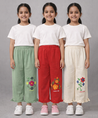 Pure Cotton Embroidered 3/4 Pajama Pant for Casual wear for Girl Kids Age 0 To 6 Years (Pack of 3)