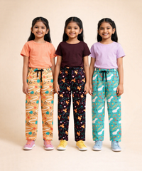 Girls Cotton Printed Track Pants (Pack of 3) | Nightwear & Casual | 6–9 Years