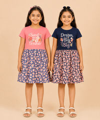 Girls Printed Half Sleeve Cotton Contrast Frock Dress | Floral Knee Length Casual Wear for Kids | Age - 5 to 10 Years | (Pack of 2)
