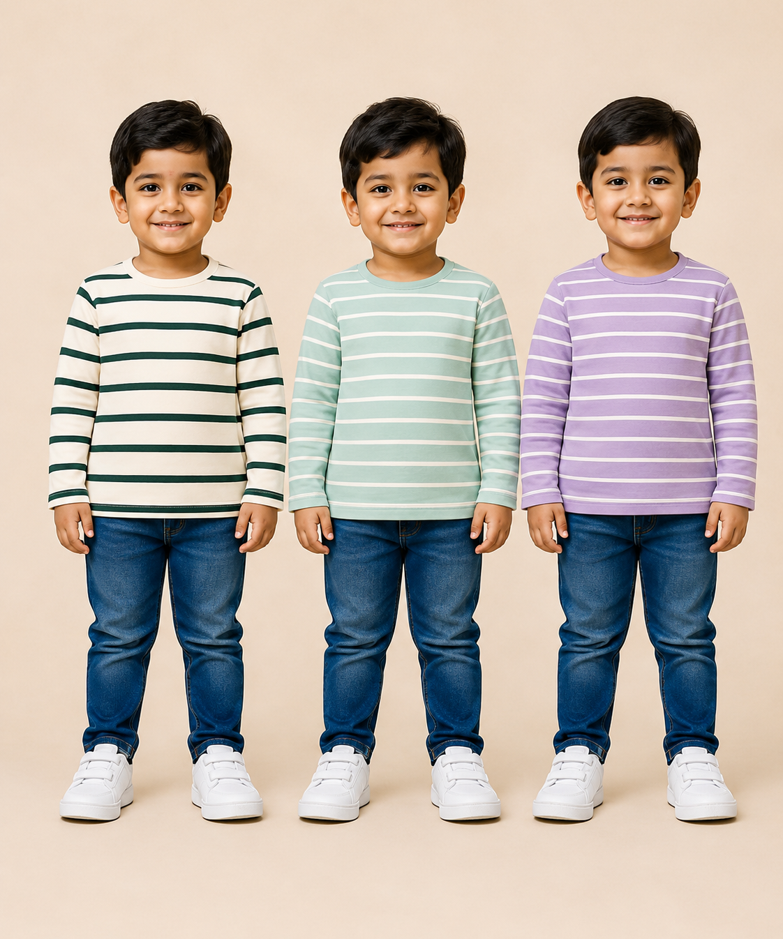 Kids Boys Cotton Stripes Full Sleeve T-shirt | Age 0-3 Years (Pack of 3)