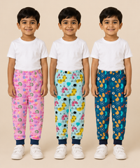 Kids Printed Cotton Track Pants for Boys | Soft Elastic Waist Full Length Joggers | Age 6 Months-5 Years | Pack of 3 Pieces