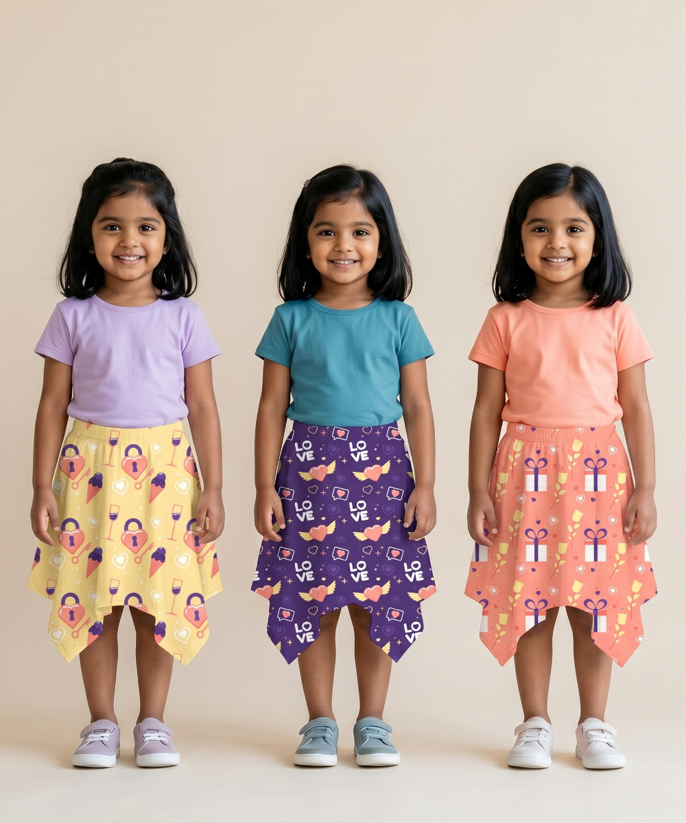 Cotton Fish Midi Floral Printed Skirt | Casual wear for Girl Kids Age 2 To 9 Years (Pack of 3)