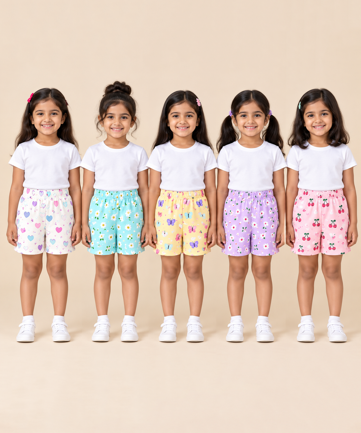 Girls Printed Cotton Shorts | Soft Elastic Waist Casual Shorts | Age 4 to 12 Years (Pack of 5 Pieces)