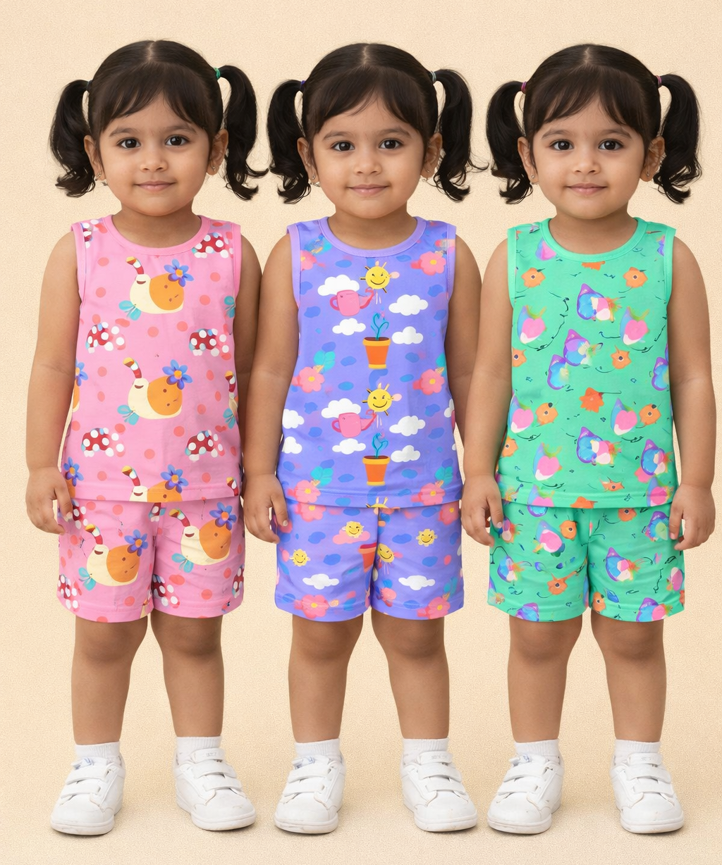 Girls Cotton Cartoon Printed Kids Sleeveless Set Combo | Age 0 to 3 Years | Sleeveless T-shirt & Shorts Co-ord Set (Pack of 3 Sets)