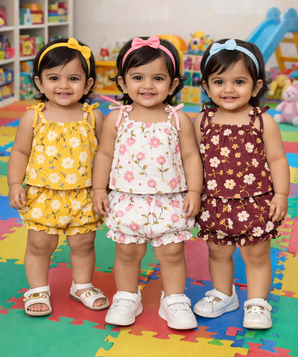 Boy & Girl Baby Printed Top Knot Dress | Top and Shorts Set | 100% Pure Cotton (Pack of 3 Sets Combo)