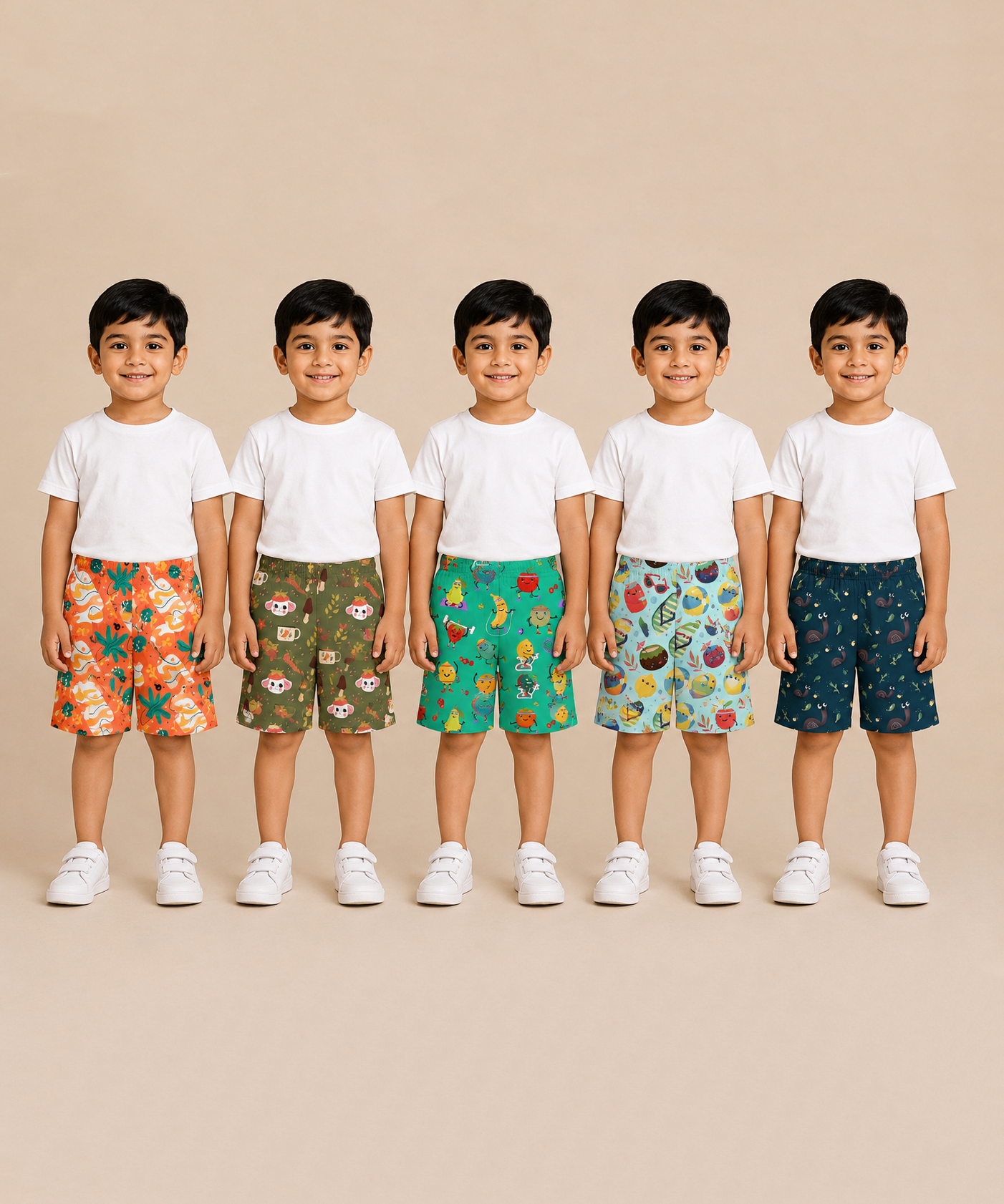 Boys Kids Pure Cotton Printed Shorts with Elastic | Age 4 to 5 Years (Pack of 5 Pieces)