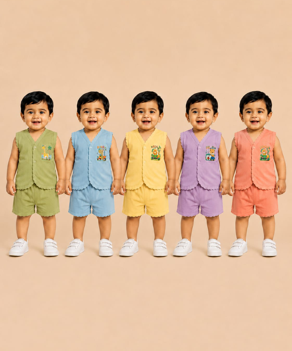 Boy & Girl Babies Poly Cotton Sleeveless Printed Top & Shorts Co-ord Set | 0-6 Months (Pack of 5) - Style 3