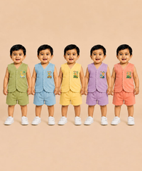 Boy & Girl Babies Poly Cotton Sleeveless Printed Top & Shorts Co-ord Set | 0-6 Months (Pack of 5) - Style 3