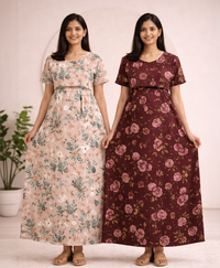 Maternity Feeding Maxi Dress | Nursing Friendly Nighty Style (Pack of 2 Pieces)