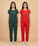 Women Textured Polyester Co-ord Set | Half Sleeve Top & Pants | Pack of 2 Set Combo