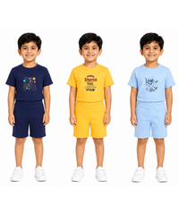 Kids Cartoon Print T-Shirt & Shorts Co-Ord Set for Boys | Age 6 Months-3 Years | Pack Of 3 Set Combo