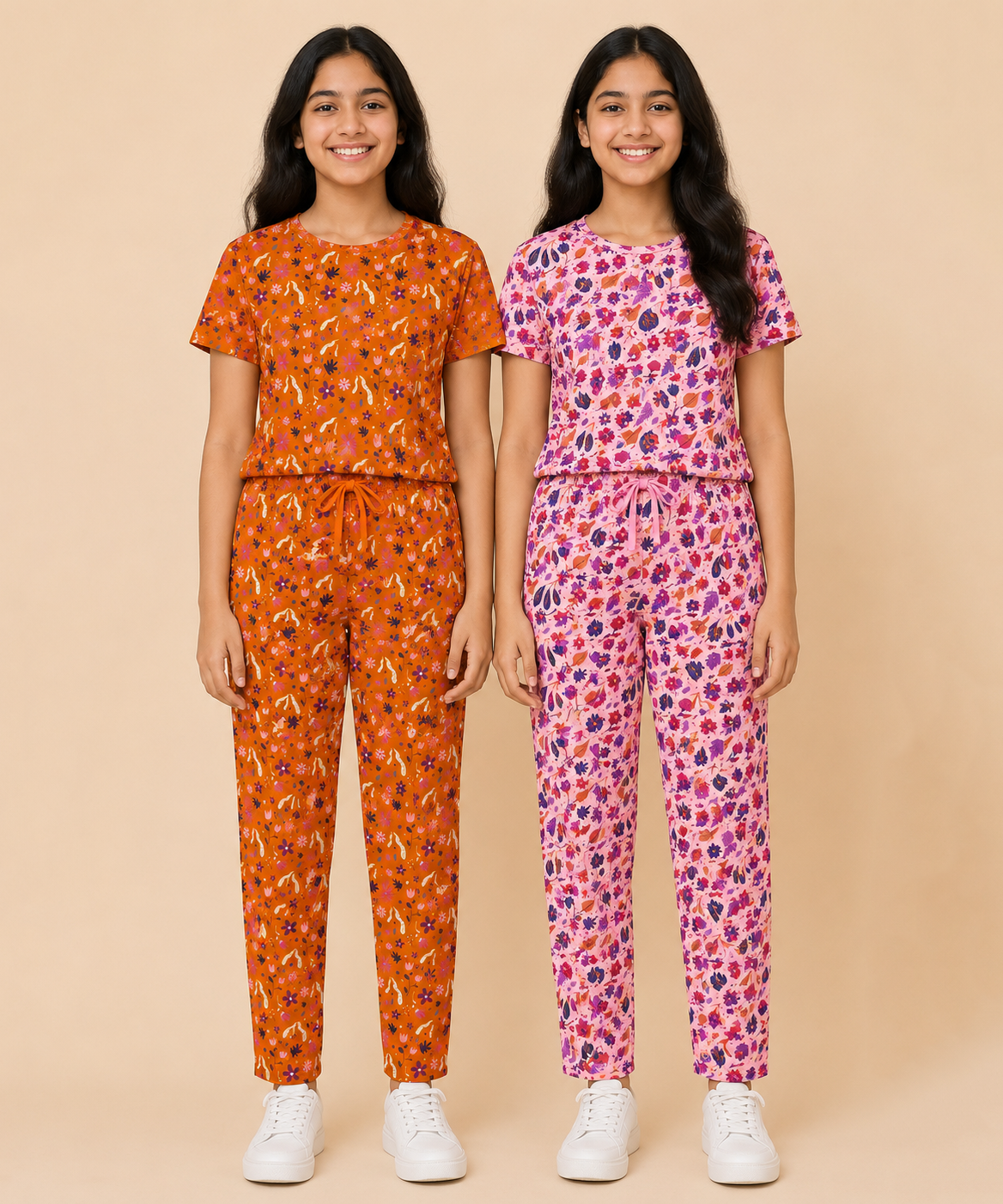 Girls Cotton All-Over Printed T-Shirt & Full-Length Pant Night Suit | Age - 9 to 15 Years | Pack of 2 Sets