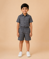 Polyester Geometric Jacquard Texture Shirt and Shorts Set for Boy Kids Casual Wear Half Sleeve Co-Ord Set with Elastic Waist Shorts | Age 6 to 7 Years