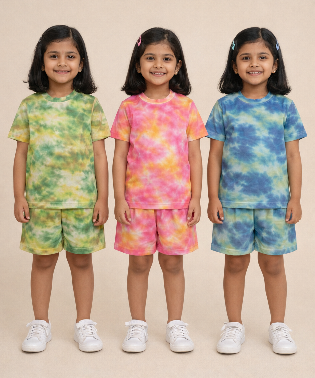 Kids Girls Tie-Dye Cloud Print Cotton T-Shirt & Shorts Co-ord Set | Pack of 3 Pieces | Age 1–4 Years
