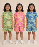 Kids Girls Tie-Dye Cloud Print Cotton T-Shirt & Shorts Co-ord Set | Pack of 3 Pieces | Age 1–4 Years