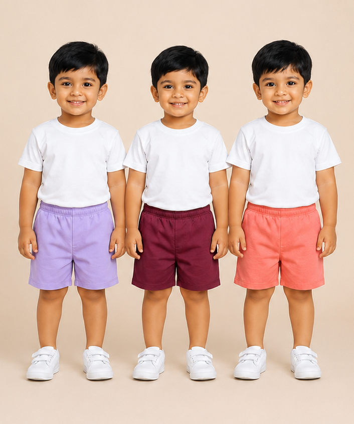 Pure Cotton Plain Shorts for Boys Kid with Elastic Age 3 Months to 4 Years (Pack of 3)