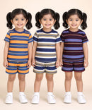 Girls Cotton Stripes Kids Co-ord Set Combo / Age 1-4 Years | T-shirt & Shorts (Combo Set Pack of 3)
