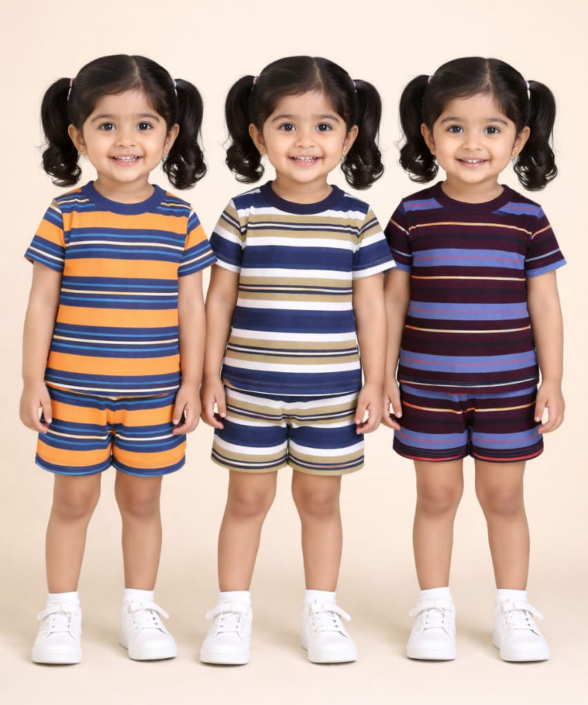 Girls Cotton Stripes Kids Co-ord Set Combo / Age 1-4 Years | T-shirt & Shorts (Combo Set Pack of 3)
