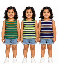 Cotton Stripes Girls Kids Sleeveless Tshirt (Pack of 3)