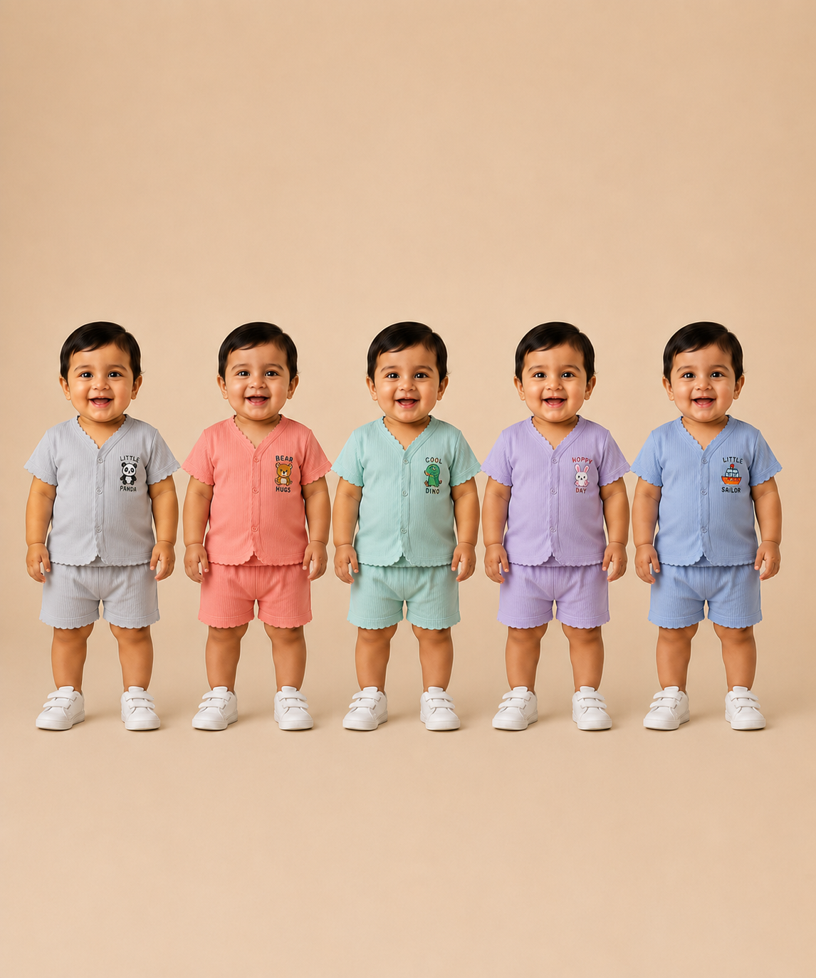 Boy & Girl Babies Poly Cotton Half Sleeve Printed Top & Shorts Co-ord Set | 0-6 Months (Pack of 5) - Style 4