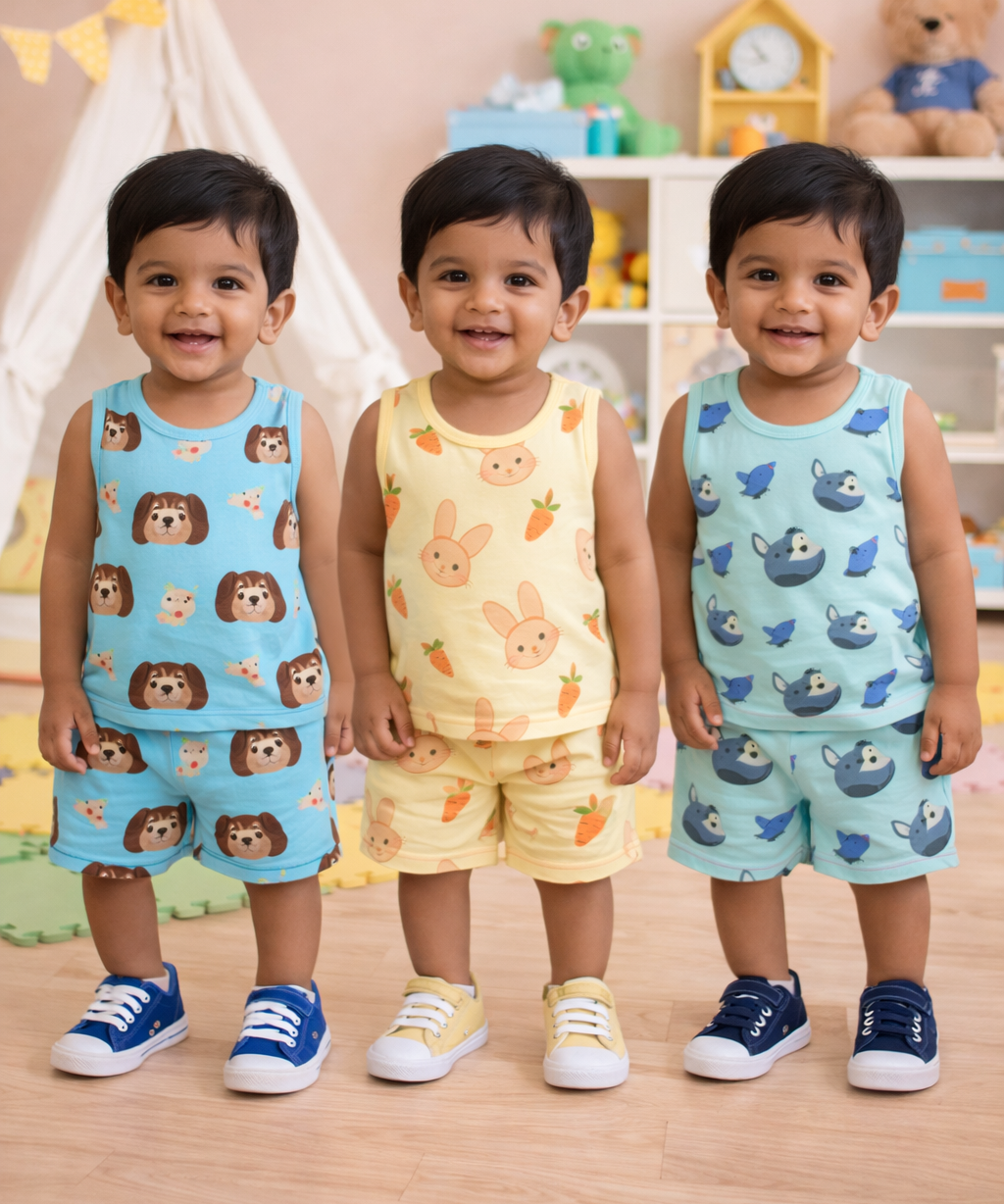 Boys Cotton Cartoon Printed Kids Sleeveless Set Combo | Age 0 to 3 Years | T-shirt & Shorts (Combo Set Pack of 3)