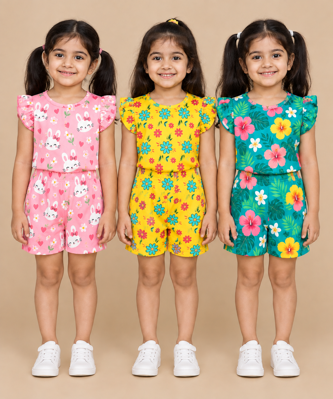 Girls All Over Printed | Flutter Sleeve Tshirt and Shorts Co-ord Set | Age 0 to 3 Years (Pack of 3 Sets)