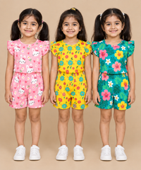 Girls All Over Printed | Flutter Sleeve Tshirt and Shorts Co-ord Set | Age 0 to 3 Years (Pack of 3 Sets)