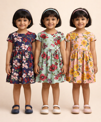 Girl Kids Frock 100% Cotton Floral Printed Gown Dress/Frock Dress | Age 1 to 8 Years (Pack of 3 Pieces)