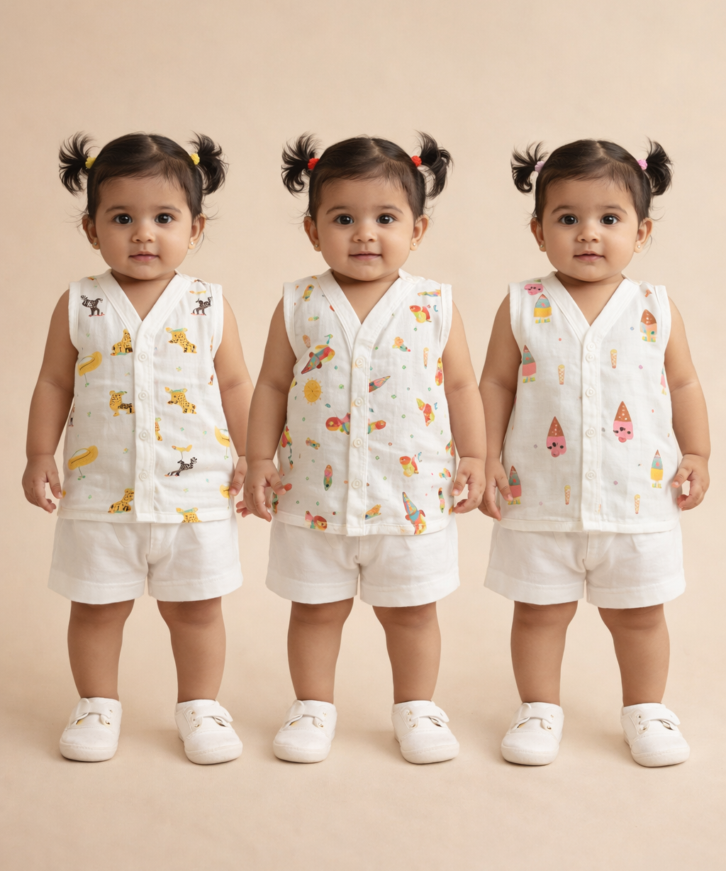 Baby Girls Sleeveless Muslin Cotton Printed Jebla Vest | 3–12 Months (Pack of 3)