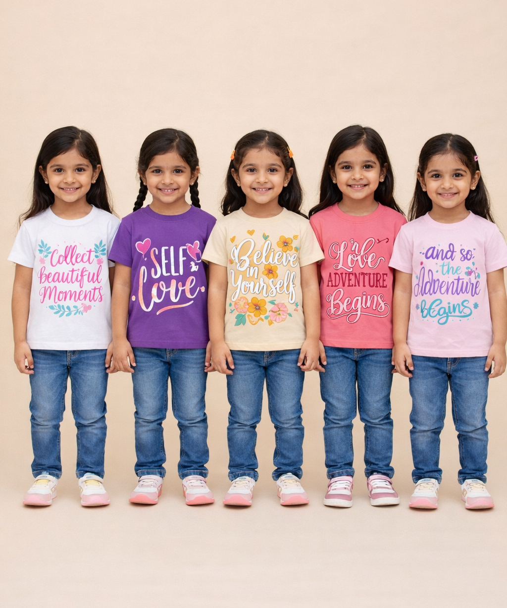 Cotton Half Sleeve Girls T-shirt Front Printed Multi Color | Age 2 to 7 Years (Pack of 5 Pieces)