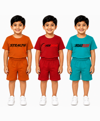 Kids Typography Print T-Shirt & Shorts Co-Ord Set for Boys | Age 6 Months-3 Years | Pack Of 3 Set Combo