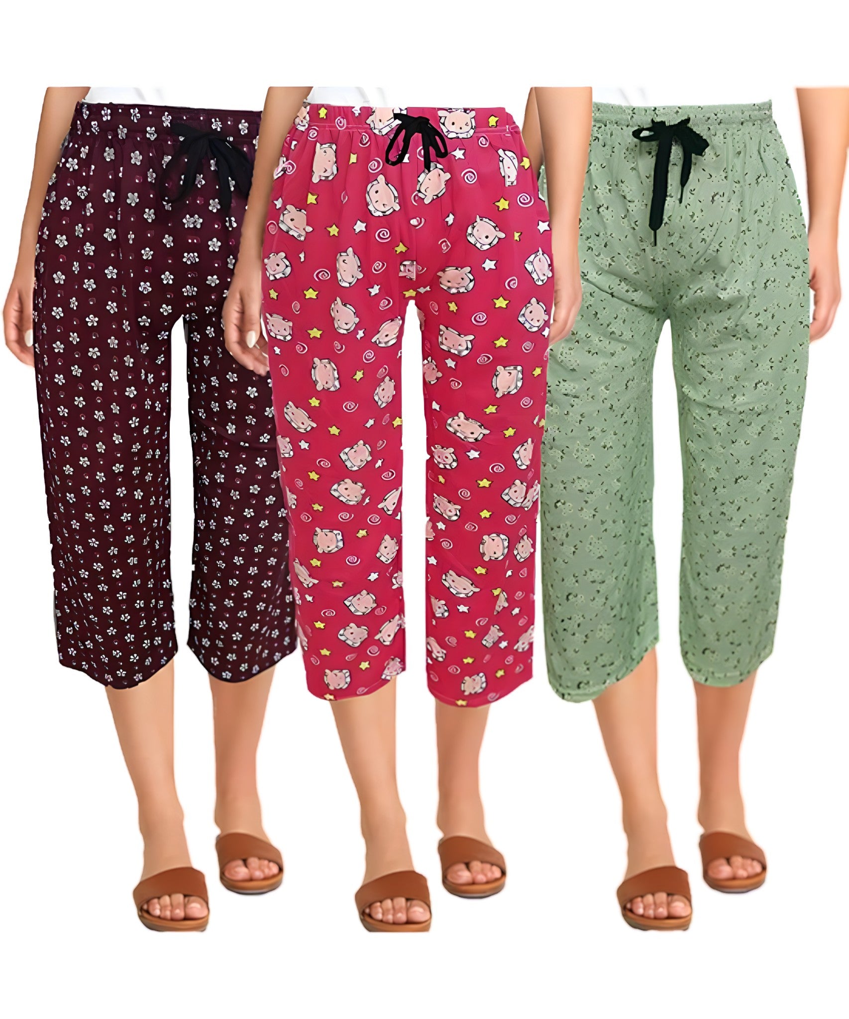 Women Night Wear 100% Cotton Printed Capri / 3/4 Shorts Combo (Pack of 3)