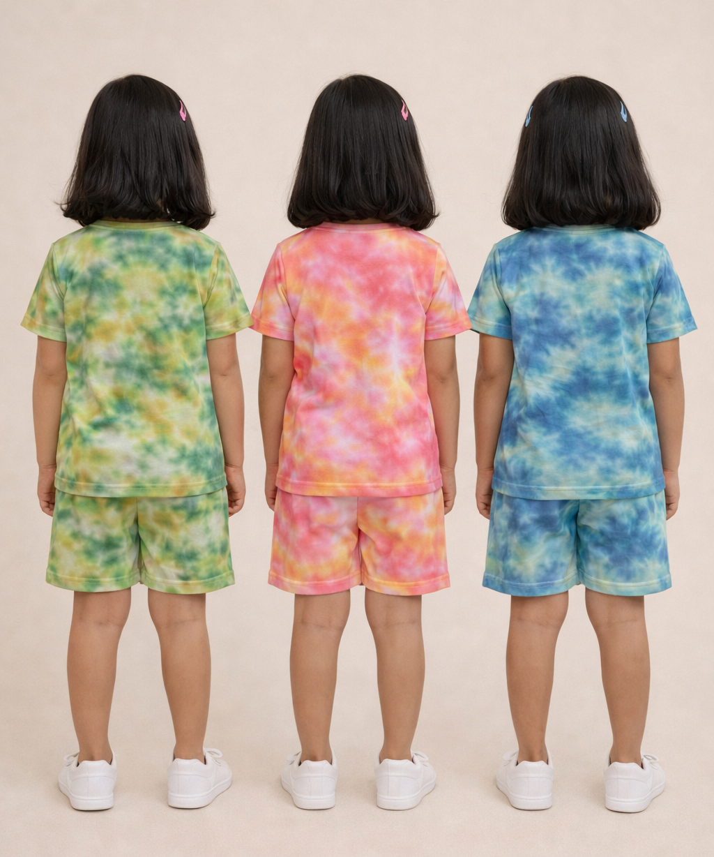 Kids Girls Tie-Dye Cloud Print Cotton T-Shirt & Shorts Co-ord Set | Pack of 3 Pieces | Age 1–4 Years