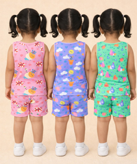 Girls Cotton Cartoon Printed Kids Sleeveless Set Combo | Age 0 to 3 Years | Sleeveless T-shirt & Shorts Co-ord Set (Pack of 3 Sets)