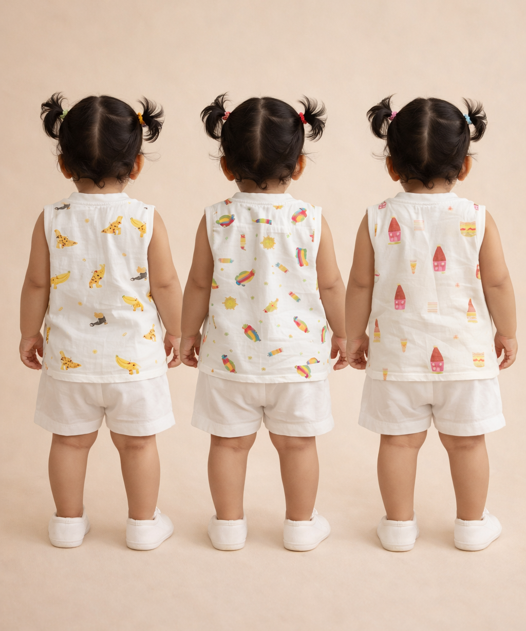 Baby Girls Sleeveless Muslin Cotton Printed Jebla Vest | 3–12 Months (Pack of 3)