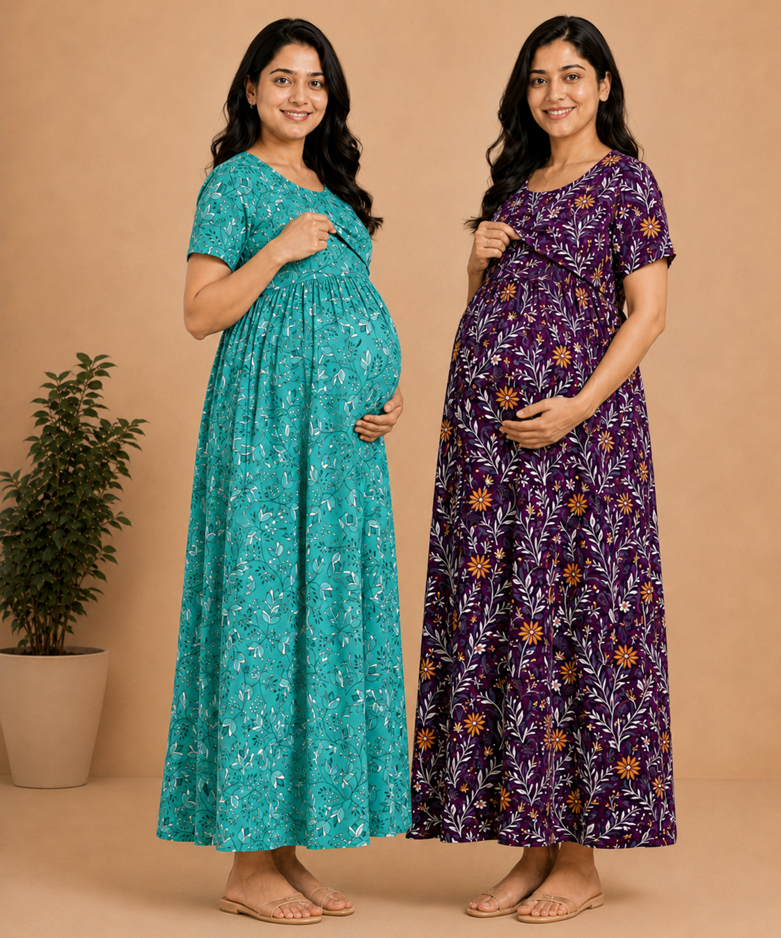 Maternity Feeding Maxi Dress | Nursing Friendly Nighty Style (Pack of 2 Pieces)