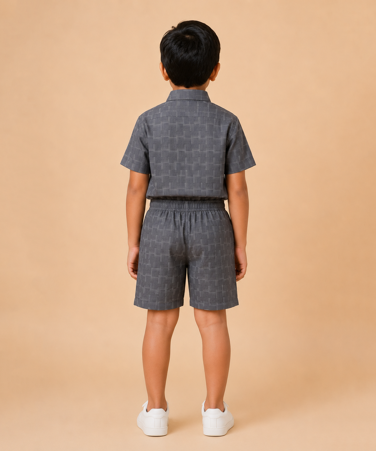 Polyester Geometric Jacquard Texture Shirt and Shorts Set for Boy Kids Casual Wear Half Sleeve Co-Ord Set with Elastic Waist Shorts | Age 6 to 7 Years
