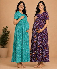 Maternity Feeding Maxi Dress | Nursing Friendly Nighty Style (Pack of 2 Pieces)